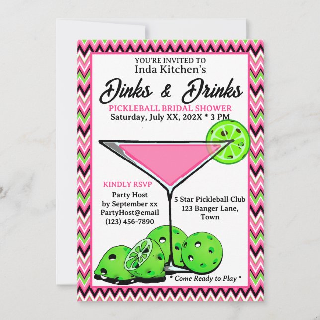 Pickleball Shower Dinks & Drinks Pink Chevron Invitation (Front)