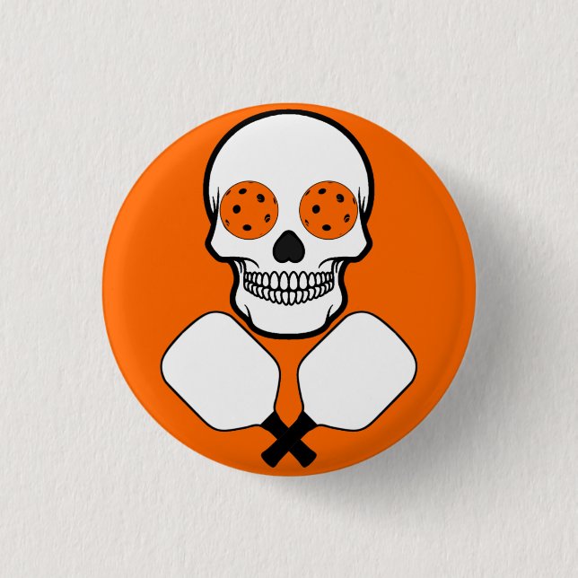 Pickleball Skull and Crossed Paddles, Orange Balls Button (Front)