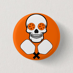Pickleball Skull and Crossed Paddles, Orange Balls Button