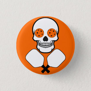 Pickleball Skull and Crossed Paddles, Orange Balls Button