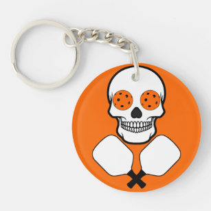 Pickleball Skull and Crossed Paddles, Orange Balls Keychain