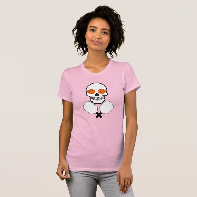 Pickleball Skull and Crossed Paddles, Orange Balls T-Shirt (Front Full)