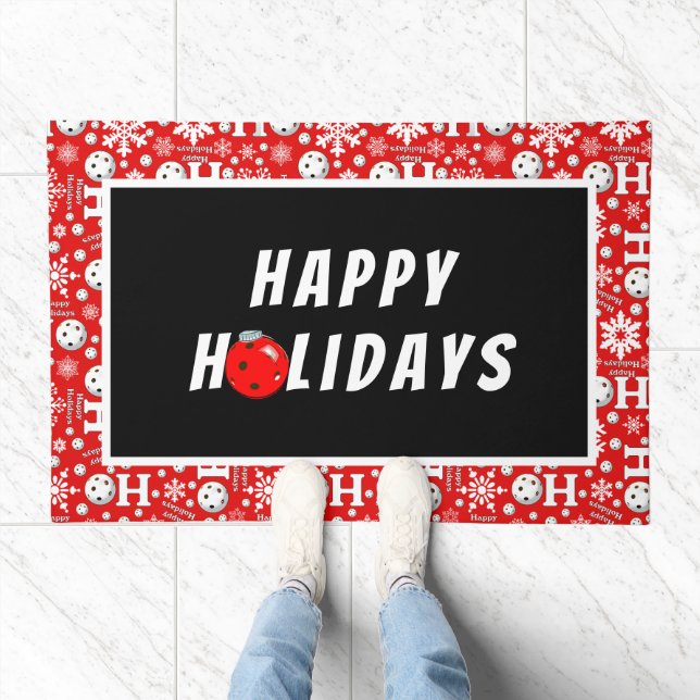 Pickleball Snowballs on Festive Red Happy Holidays Doormat (Indoor)