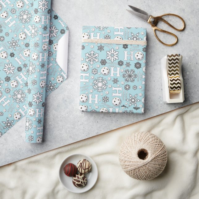Pickleball Snowballs on Icy Blue Happy Holidays Wrapping Paper (Crafts)