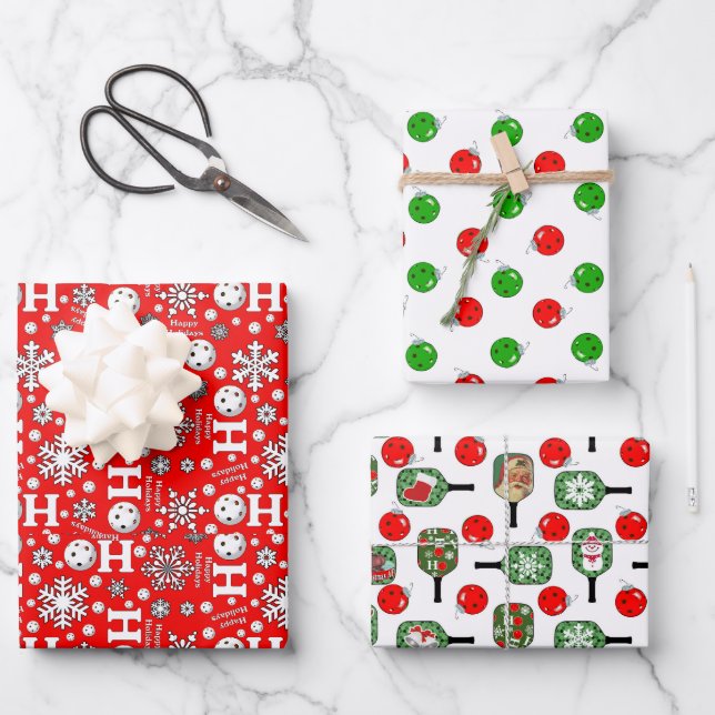 Pickleball Snowballs Ornaments & Paddles Red Green Wrapping Paper Sheets (Front)