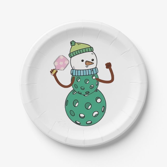 Pickleball Snowman Funny Christmas Xmas  Paper Plates (Front)