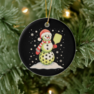 Pickleball Snowman Santa Hat Christmas Lights Xmas Ceramic Ornament