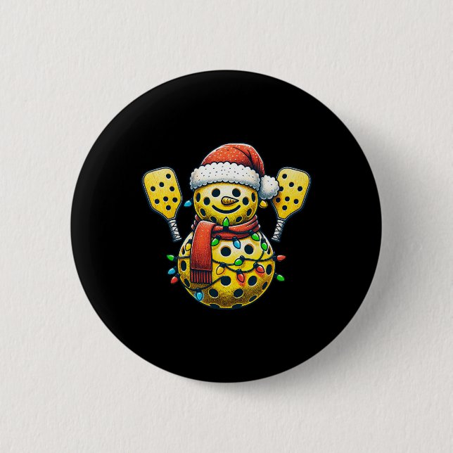 Pickleball Snowman Santa Hat Lights Christmas Pick Button (Front)