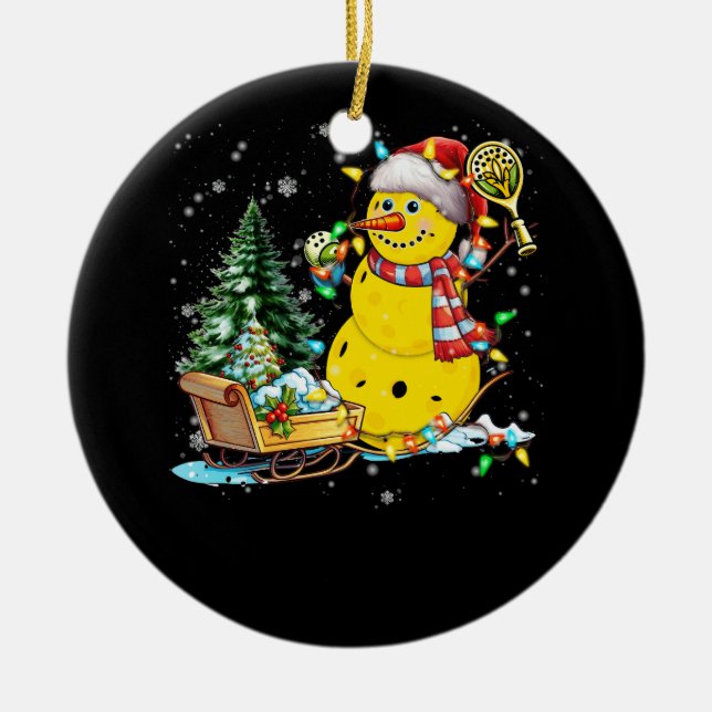 Pickleball Snowman Santa Hat Lights Christmas Pick Ceramic Ornament (Front)