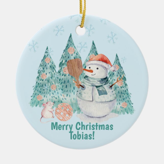 Pickleball Snowmen, minty Christmas  Ceramic Ornament (Front)