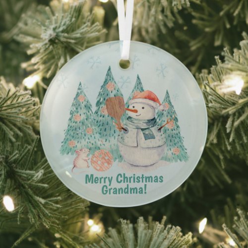 Pickleball Snowmen minty Christmas Glass Ornament
