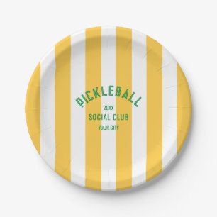 Pickleball Social Club Crest Yellow Cabana Stripe Paper Plates