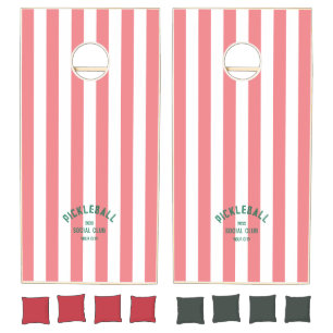 Pickleball Social Club Pink Cabana Stripe Cornhole Set