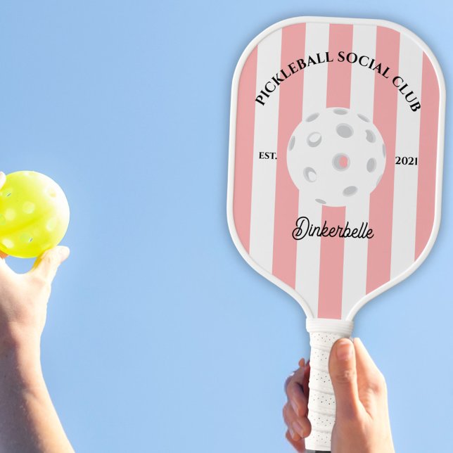 Pickleball Social Club Striped Personalized Pickleball Paddle (Pickleball Social Club Personalized Paddle with pink stripes. )