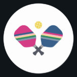 Pickleball Sport Paddle Striped Blue Classic Round Sticker<br><div class="desc">These personalized vibrant and fun pickleball stickers feature striped paddles in blue,  green,  pink and yellow.Part of a collection from Parcel Studios.</div>
