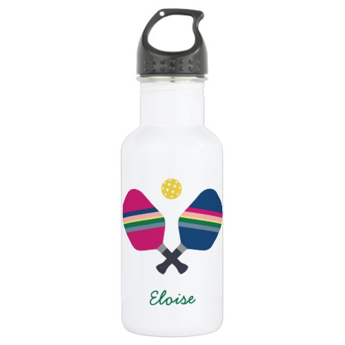 Pickleball Sport Striped Paddle Personalized Name Stainless Steel Water Bottle