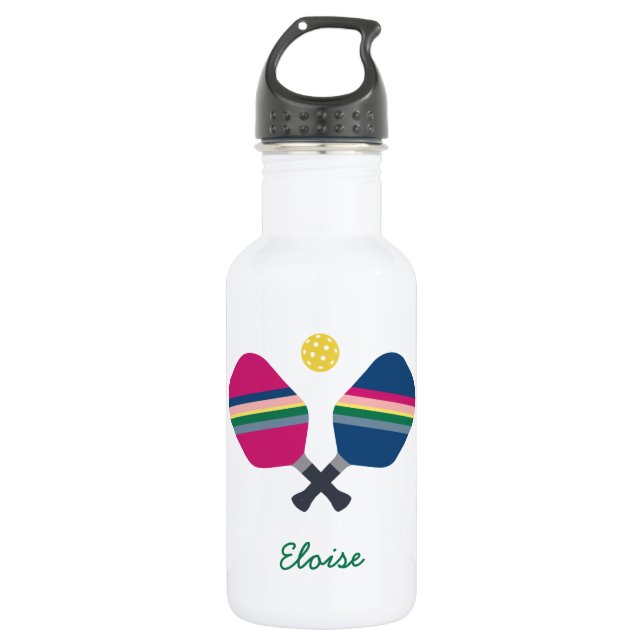 Pickleball Sport Striped Paddle Personalized Name Stainless Steel Water Bottle (Front)