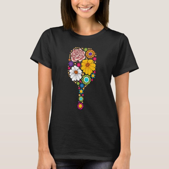 Pickleball Sports Floral Flower Paddle Ball Racket T-Shirt (Front)
