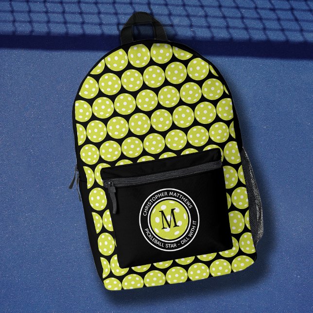 Pickleball Sports Funny Quote Name Initial Black Printed Backpack (Pickleball Sports Funny Quote Name Initial Black Printed Backpack)