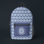Pickleball Sports Funny Quote Name Initial Blue Printed Backpack<br><div class="desc">Cute unisex backpack design features two lines of customizable text for "Pickleball Champion" or a custom saying of choice and name or custom text in a timeless modern font arched over & under an image of a pickleball in light blue. The background on the front and sides coordinates colorful dark...</div>