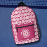 Pickleball Sports Funny Quote Name Initial Pink Printed Backpack<br><div class="desc">Cute girls backpack design features two lines of customizable text for "Pickleball Princess" or a custom saying of choice and name or custom text in a timeless modern font arched over & under an image of a pickleball in light pink. The background on the front and sides is coordinating colorful...</div>