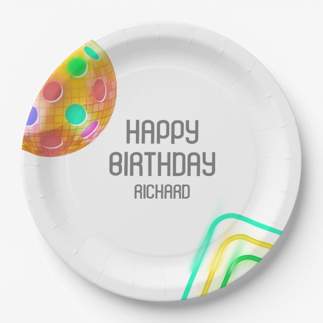 Pickleball Sports Neon Theme Disco ball Party Paper Plates (Front)