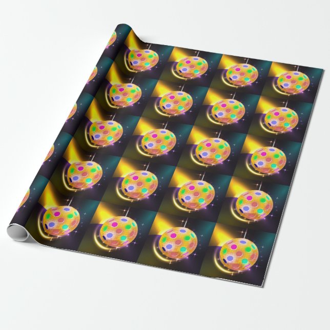 Pickleball Sports Neon Theme Disco ball Party Wrapping Paper (Unrolled)
