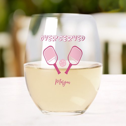 Pickleball Sports Pun Custom Name Girly Pink Fun  Stemless Wine Glass