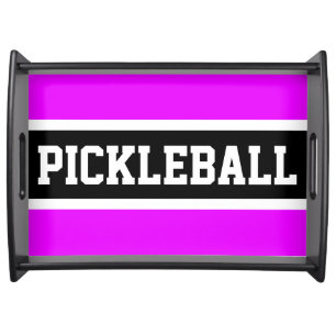 PICKLEBALL Sporty Bright Pink Black White Stripes  Serving Tray