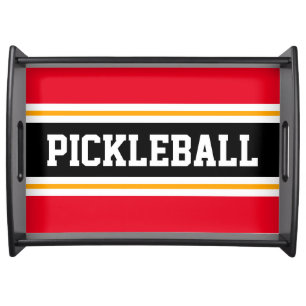  PICKLEBALL Sporty Bright Red Orange Black Stripes Serving Tray