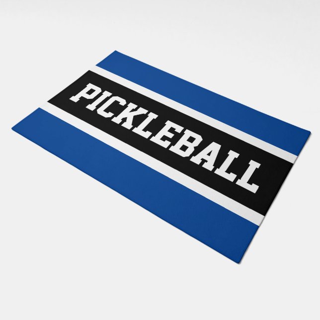 PICKLEBALL Sporty Deep Blue Black White Stripes Doormat (Angled)