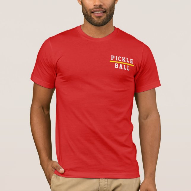 PICKLEBALL Sporty Text Yellow Stripe On Bright Red T-Shirt (Front)