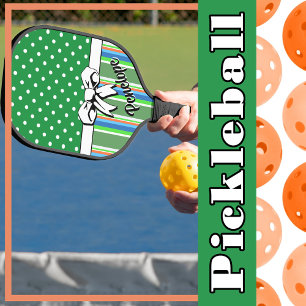 Pickleball Summer Stripes Green Dots White Bow Paddle