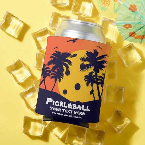 Pickleball Sun Palm Trees Add Custom Text Tropical Can Cooler