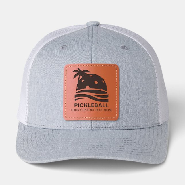 Pickleball Sun Palm Trees Custom Club Team Name Leather Patch Hat (Front)