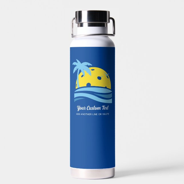Pickleball Sun Palm Trees Personalized Custom Text Water Bottle (Back)