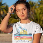 Pickleball Sunset Cool Retro Stripes Custom Text T-Shirt<br><div class="desc">Super cool Pickleball T-shirt featuring a pickleball "sunset" and retro vintage stripes. Add two lines of custom text - your pickleball club name, location, team name or pickleball saying. Makes a perfect gift for a pickleball friend, mom, dad or get two shirts - one for you and one for your...</div>
