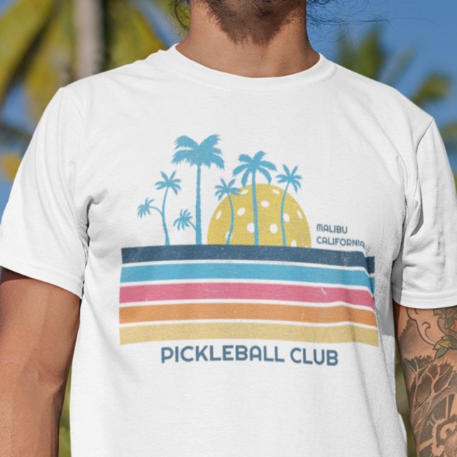Pickleball Sunset Cool Retro Stripes Custom Text T-Shirt (Customize with your club or team name)