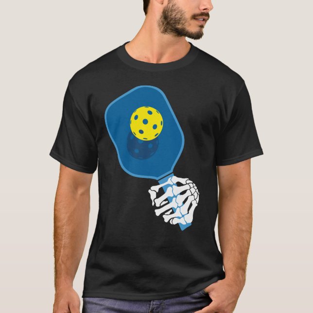Pickleball T-shirt: Skeleton Hand Holding Paddle T-Shirt (Front)