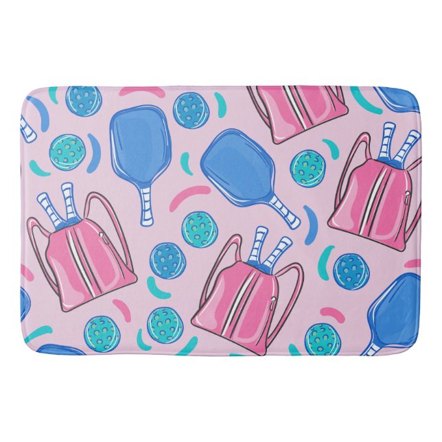 Pickleball Themed Pink Blue Bath Mat (Front)