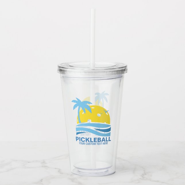 Pickleball Tropical Palm Tree Sun Your Custom Text Acrylic Tumbler (Front)