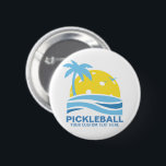Pickleball Tropical Palm Tree Sun Your Custom Text Button<br><div class="desc">A fun button featuring a pickleball "sun" framed by a tropical palm tree and blue ocean waves.  The perfect gift for a pickleball enthusiast,  tournament awards or pickleball group organizer/clubs. Pin it on your pickleball bag to show your love of the game.</div>