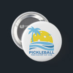Pickleball Tropical Palm Tree Sun Your Custom Text Button<br><div class="desc">A fun button featuring a pickleball "sun" framed by a tropical palm tree and blue ocean waves.  The perfect gift for a pickleball enthusiast,  tournament awards or pickleball group organizer/clubs. Pin it on your pickleball bag to show your love of the game.</div>