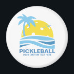 Pickleball Tropical Palm Tree Sun Your Custom Text Magnet<br><div class="desc">A fun pickleball magnet featuring a pickleball "sun" framed by a tropical palm tree and blue ocean waves.  Add your custom text below - club name,  pickleball weekend date/location,  tournament name,  player names,  etc.  Makes a perfect gift for any pickleball player.</div>