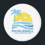 Pickleball Tropical Palm Tree Sun Your Custom Text Magnet<br><div class="desc">A fun pickleball magnet featuring a pickleball "sun" framed by a tropical palm tree and blue ocean waves.  Add your custom text below - club name,  pickleball weekend date/location,  tournament name,  player names,  etc.  Makes a perfect gift for any pickleball player.</div>