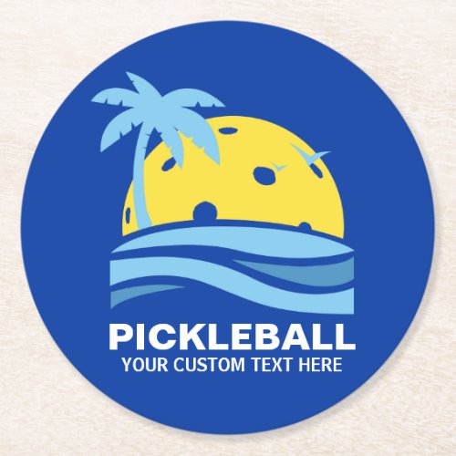 Pickleball Tropical Palm Tree Sun Your Custom Text Round Paper Coaster
