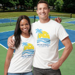 Pickleball Tropical Palm Tree Sun Your Custom Text T-Shirt<br><div class="desc">A fun pickleball tshirt featuring a pickleball "sun" framed by a tropical palm tree and blue ocean waves. Add your custom text below - club name, pickleball weekend date/location, tournament name, player names, etc. Makes a perfect gift for any pickleball player - Wear as matching t-shirts for tournament play, perfect...</div>