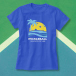 Pickleball Tropical Palm Tree Sun Your Custom Text T-Shirt<br><div class="desc">A fun pickleball tshirt featuring a pickleball "sun" framed by a tropical palm tree and blue ocean waves. Add your custom text below - club name, pickleball weekend date/location, tournament name, player names, etc. Makes a perfect gift for any pickleball player - Wear as matching t-shirts for tournament play, perfect...</div>