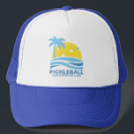 Pickleball Tropical Palm Tree Sun Your Custom Text Trucker Hat<br><div class="desc">A fun pickleball hat featuring a pickleball "sun" framed by a tropical palm tree and blue ocean waves.  Add your custom text below - club name,  pickleball weekend date/location,  tournament name,  player names,  etc.  Makes a perfect gift for any pickleball player.</div>