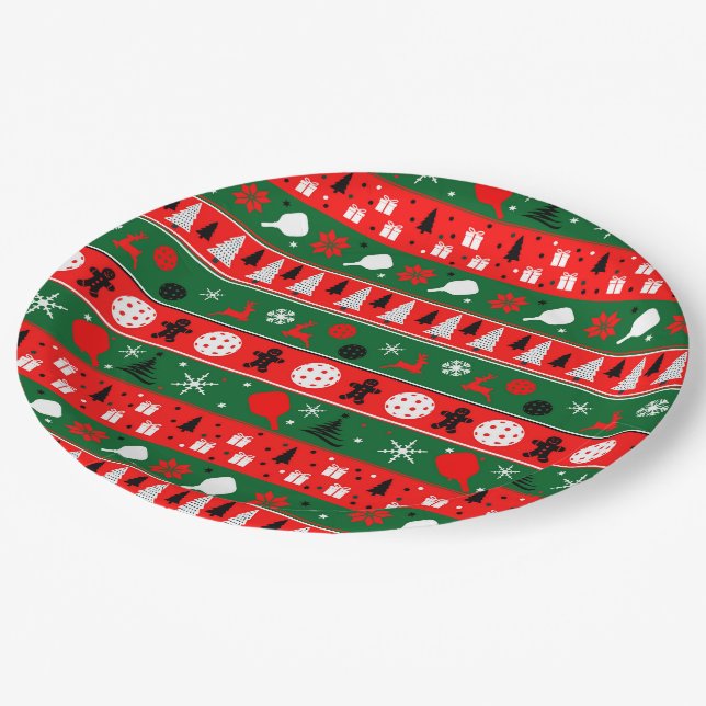 Pickleball Ugly Sweater Holiday Paper Plates (Angled)